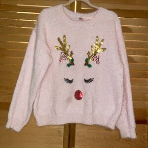 Holiday Time Sequined Soft Pink Fluffy Reindeer Holiday Sweater with 4 Bells XL